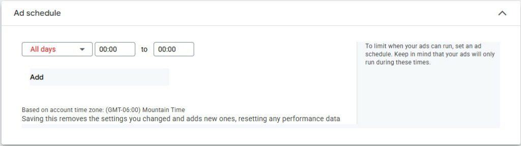 A digital interface for setting an ad schedule, showing options to select days and times, an Add button, and a note explaining ad scheduling and time zone information.