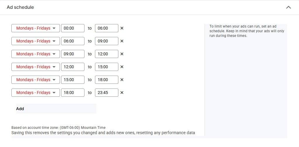 A digital ad schedule shows ads set to run Mondays to Fridays during six time blocks: midnight-6am, 6am-9am, 9am-noon, noon-3pm, 3pm-6pm, and 6pm-11:45pm. An info box explains the scheduling.