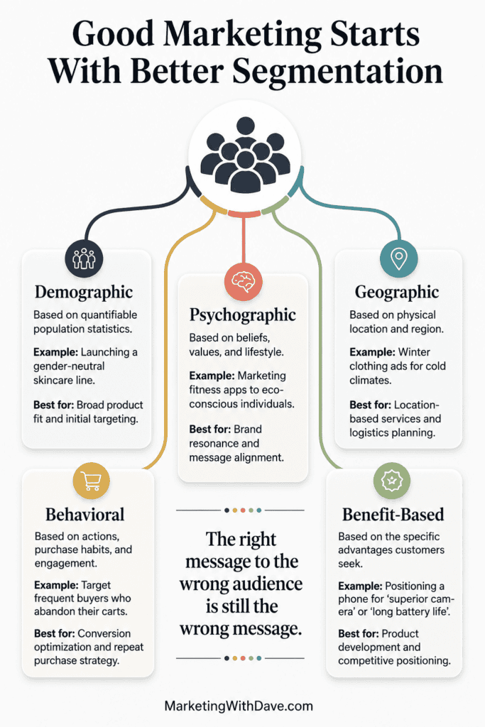 Optimized marketing segmentation infographic highlighting demographic, psychographic, geographic, behavioral, and benefit-based strategies for targeted audience engagement and effective brand messagin.
