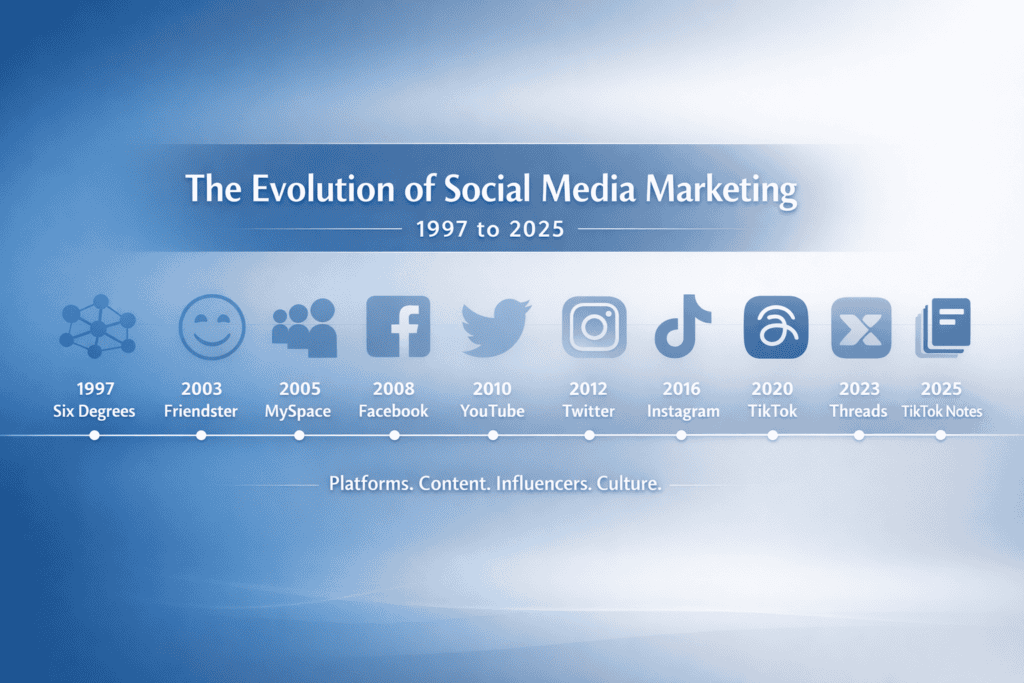 a historical evolution of social media marketing platforms content and influencers