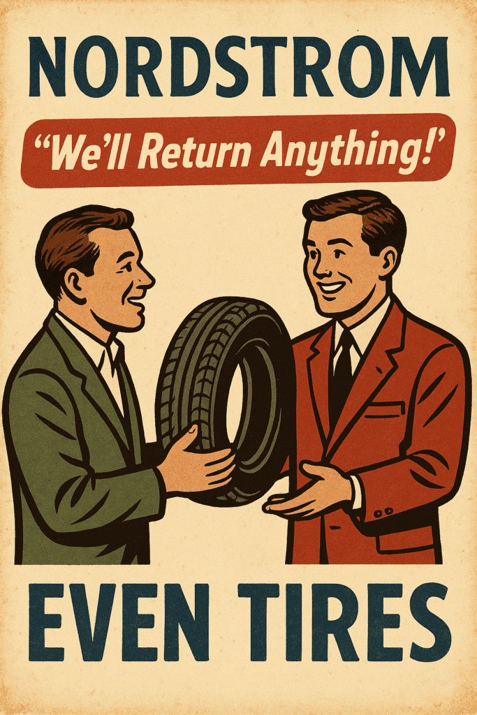 Vintage-style satire image of Nordstrom tire return