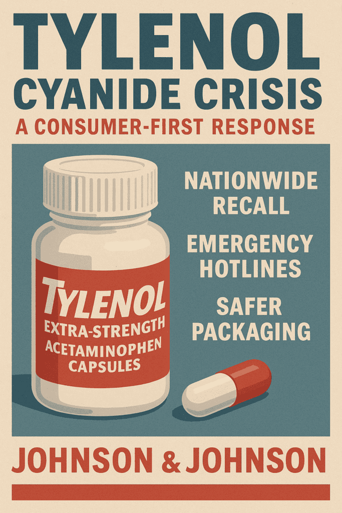 Tylenol cyanide crisis poster highlighting consumer response, nationwide recall, emergency hotlines, and safer packaging from Johnson & Johnson.