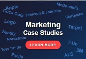 A blue background with marketing case studies in white text at the center, surrounded by brand names like Apple, Coca Cola, McDonalds, Lego, and Starbucks; a red button below says Learn More.