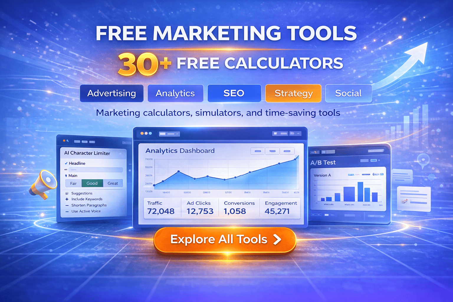 Promotional image for free marketing tools featuring calculators, analytics dashboards, and strategy options with a call-to-action button.
