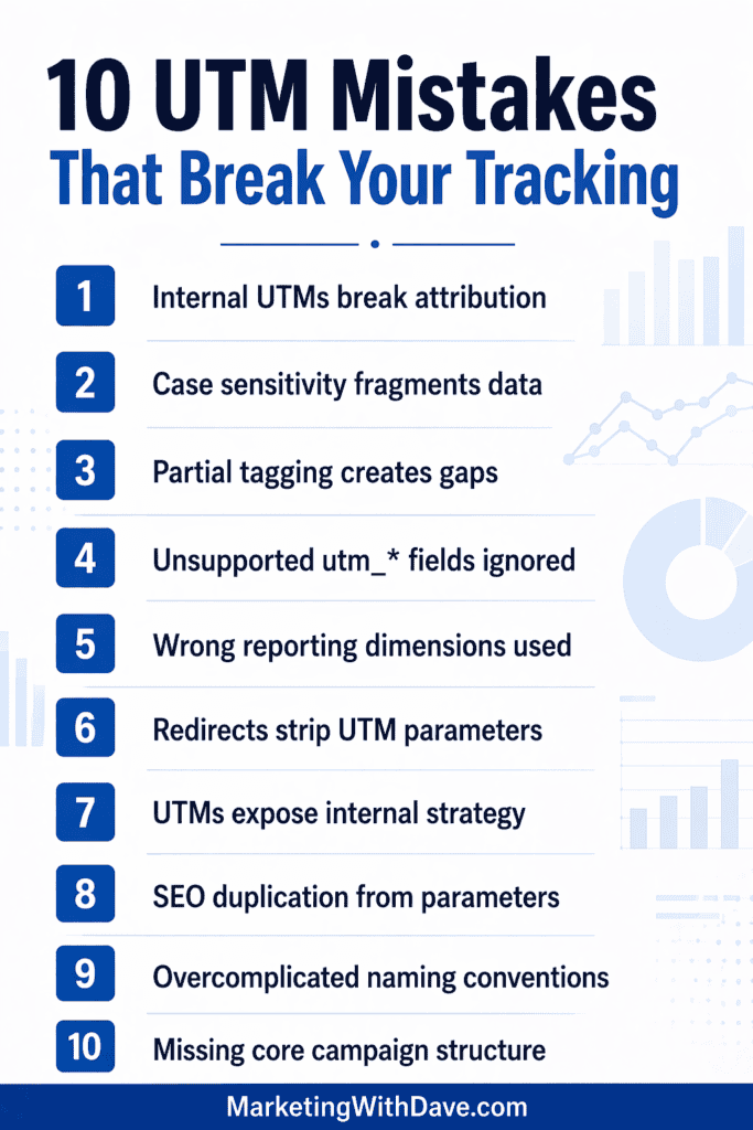 Infographic listing 10 common UTM tracking mistakes including attribution issues, data sensitivity, and strategy errors for digital marketing optimization.