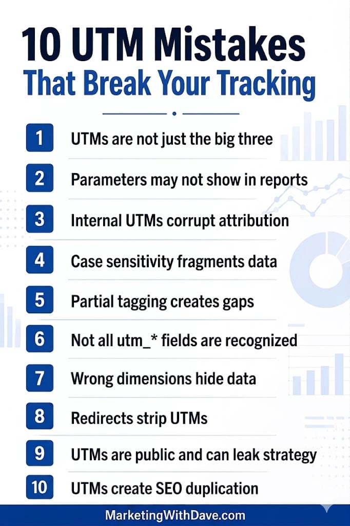 Infographic listing 10 common UTM tracking mistakes including misinterpretation, report issues, and SEO duplication for marketers.