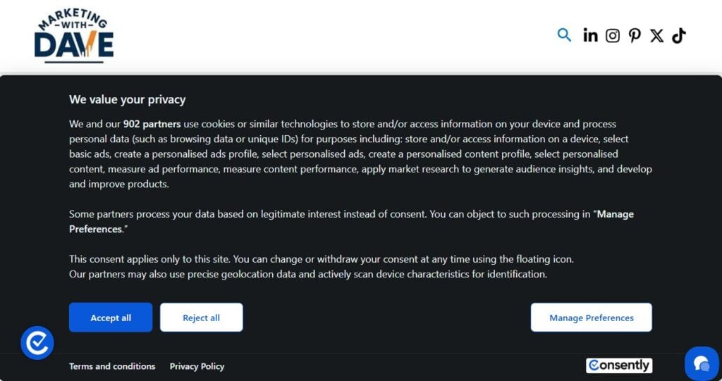 Cookie consent banner for privacy compliance on a website, featuring accept, reject, and manage preferences options.