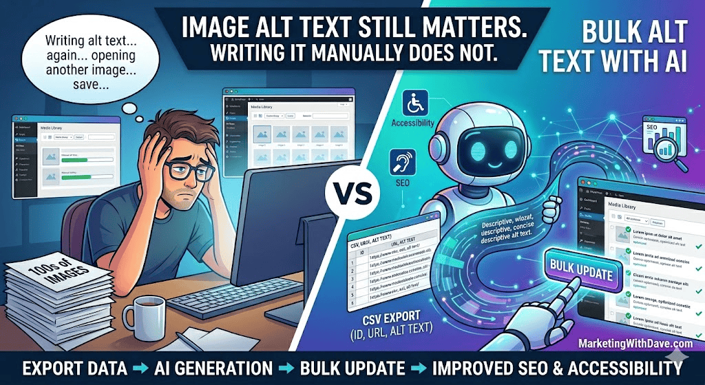 Comparison of manual and AI-powered image alt text optimization highlighting benefits for SEO and accessibility, featuring a stressed person and a friendly robot with digital tools.