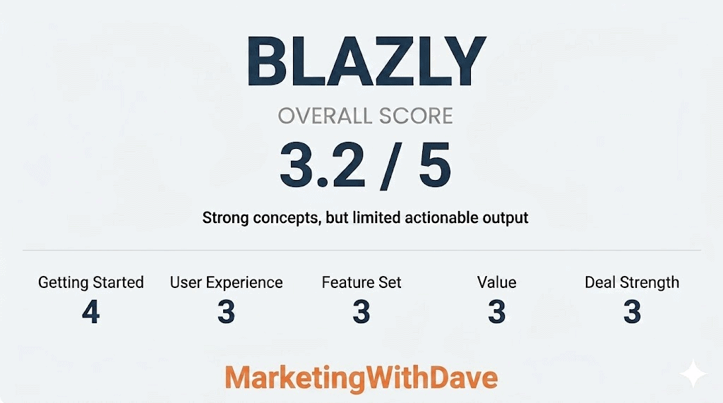 Blazly platform review showing overall score 3.2 out of 5 with categories for Getting Started, User Experience, Feature Set, Value, and Deal Strength, rated 3 or 4.
