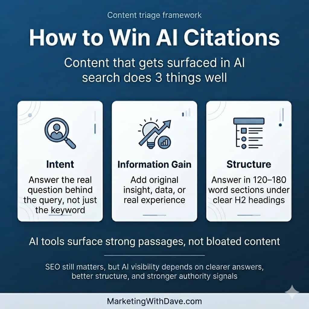 Infographic on how to win AI citations with tips on intent, information gain, and structure for AI search optimization.