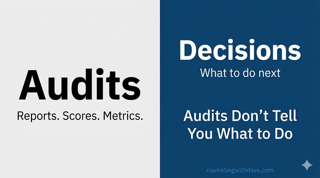 Graphic for 'Audits' with the subtitle 'Reports, Scores, Metrics' and a blue section titled 'Decisions: What to do next' emphasizing that audits don't tell you what to do.