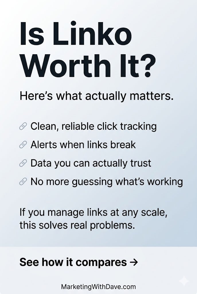 Marketing with Dave review of Linko, highlighting features like click tracking, link alerts, data trust, and problem-solving for link management.