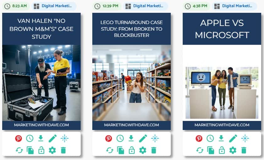 Collection of three tech review images featuring Van Halen case study, LEGO turnaround case study, and Apple vs Microsoft comparison, suitable for SEO on marketing blog.