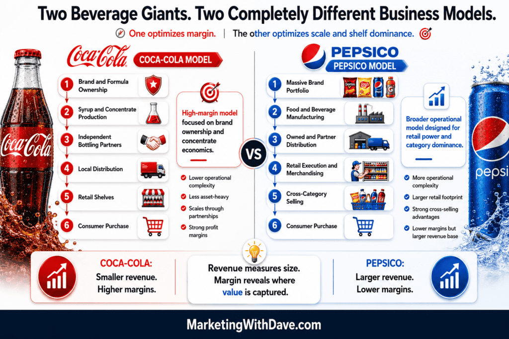 Coca-Cola and Pepsi business models comparison infographic highlighting brand ownership, distribution, revenue, margins, and operational differences for marketing insights.