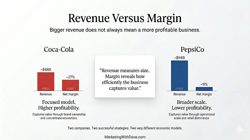 Bigger revenue does not always mean a more profitable business, illustrated with Coca-Cola and PepsiCo revenue versus net margin comparison.