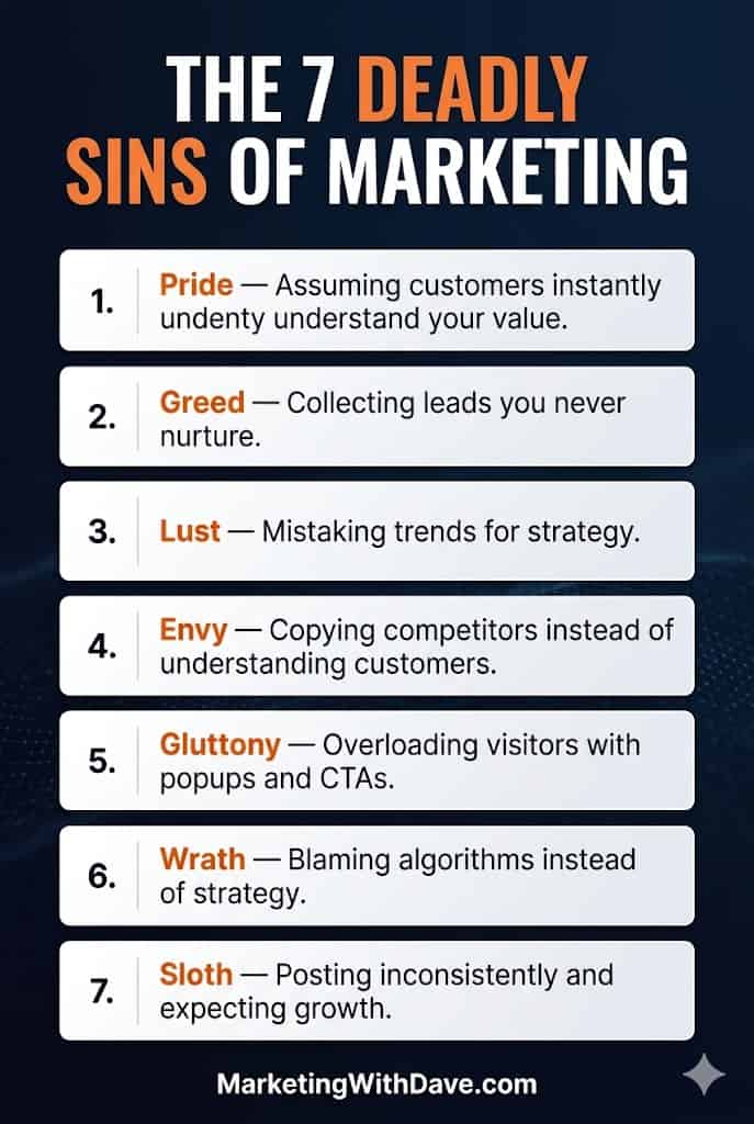 Avoid marketing mistakes with the 7 deadly sins: pride, greed, lust, envy, gluttony, wrath, and sloth, to improve your marketing strategy and customer engagement.