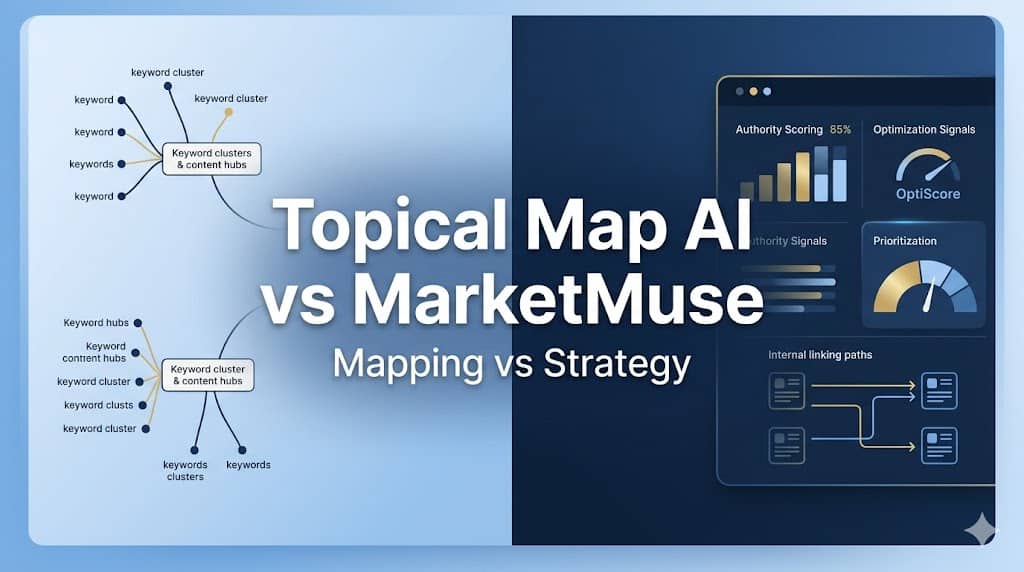 Optimize your SEO with this image showing a comparison between Topical Map AI and MarketMuse for content strategy and keyword clustering analysis.