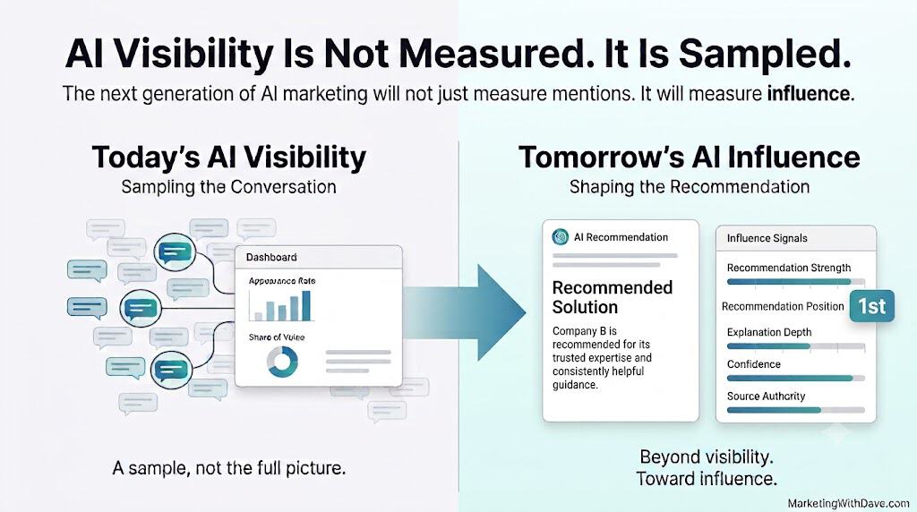 Diagram illustrating AI visibility sampling and influence, showing current AI conversation metrics and future AI influence shaping recommendations for marketing.