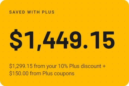 A colorful digital graphic displaying a savings amount of $1,449.15 with a yellow background, highlighting savings with Plus, including details of a $1,299.15 discount and additional coupons.