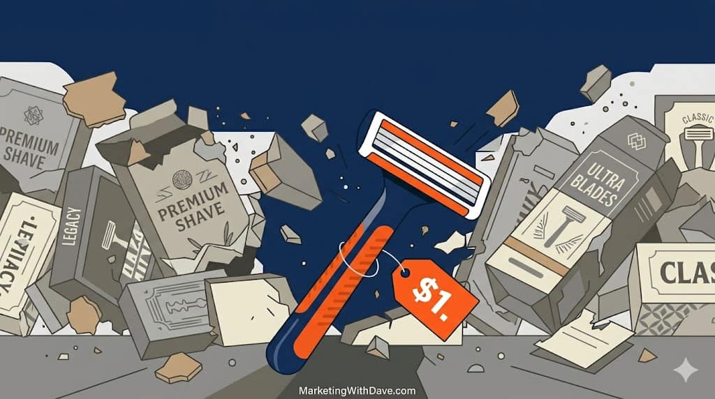 A razor shattering boxes of shaving products with a $1 price tag, symbolizing disruption in the razor industry through innovative marketing and challenger branding.