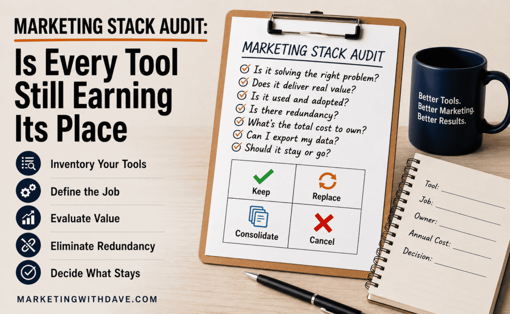 Marketing with Dave: Marketing Stack Audit checklist with tools, job, owner, cost, and decision sections for SEO and marketing optimization.