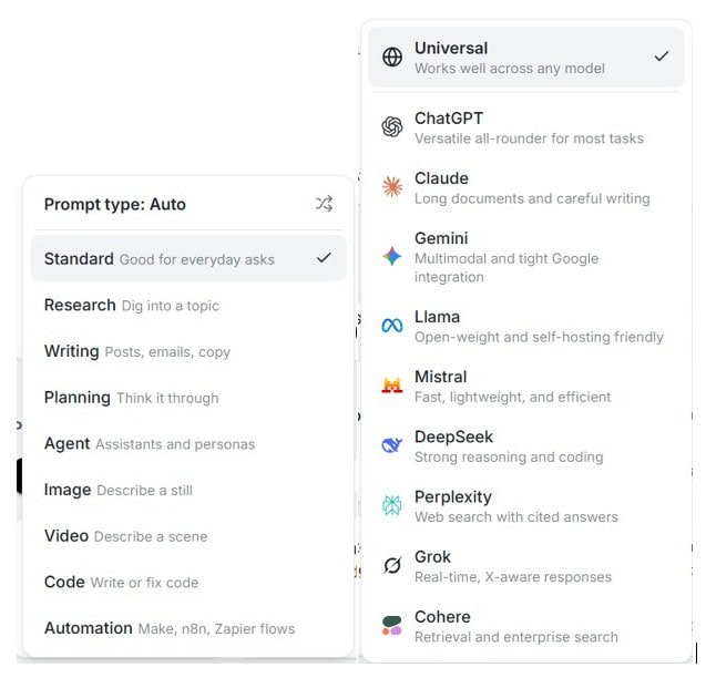 Screenshot of AI prompt builder interface showing prompt types, standards, and AI models like ChatGPT, Claude, Gemini, Llama, Mistral, DeepSeek, Perplexity, Grok, and Cohere.