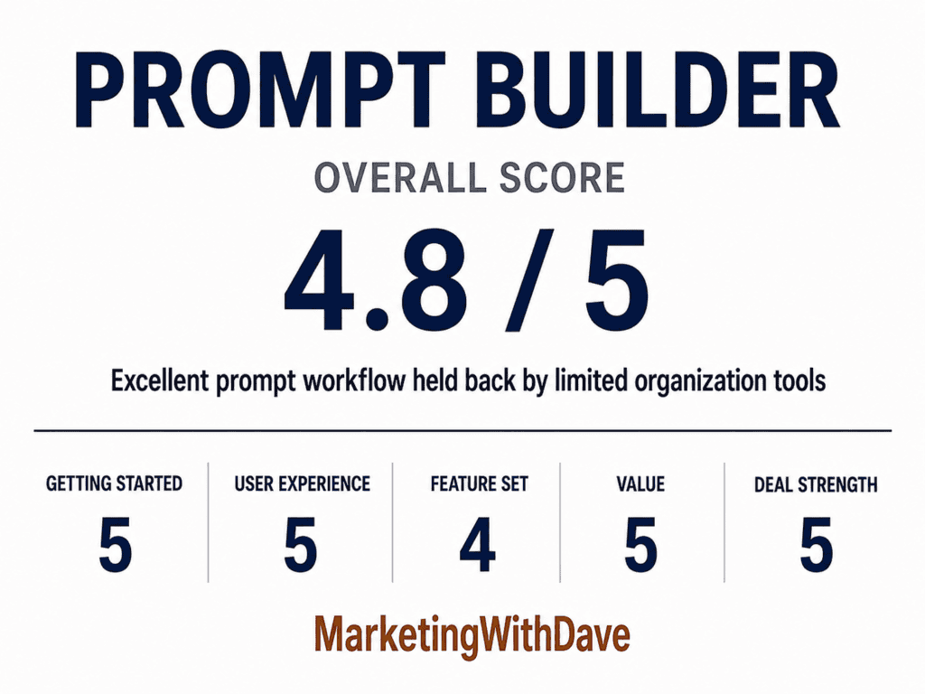 Prompt Builder review scorecard showing 4.8 out of 5, with categories like getting started, user experience, feature set, value, and deal strength, from Marketing with Dave.