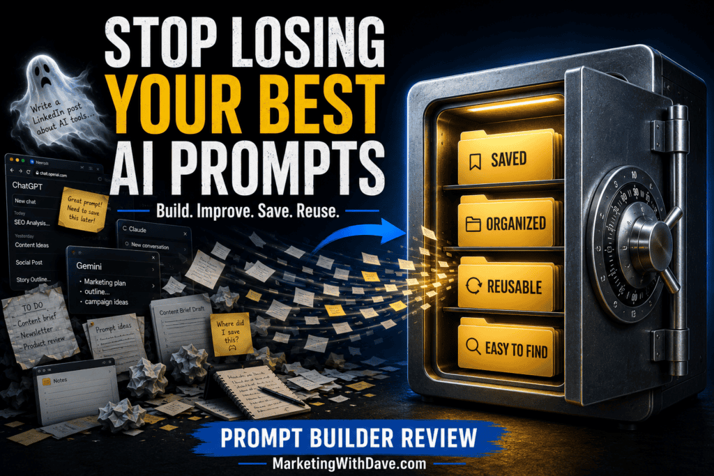 Secure digital safe with labeled folders 'Saved,' 'Organized,' 'Reusable,' and 'Easy to Find' representing AI prompt management, with AI-themed background and promotional text.