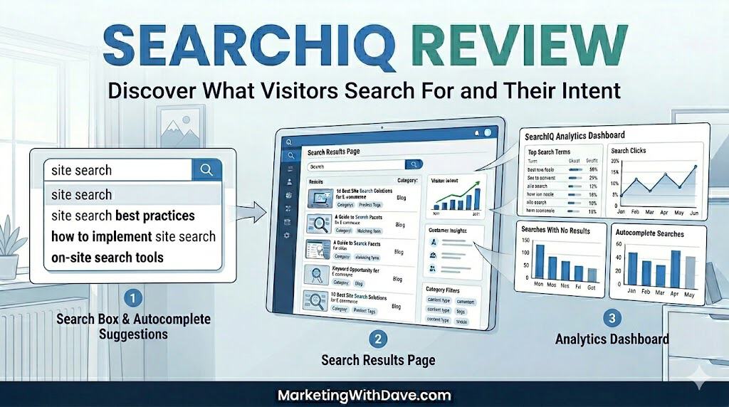 Screenshot of SearchIQ review showcasing search features, analytics dashboard, and autocomplete suggestions for improved website search optimization.