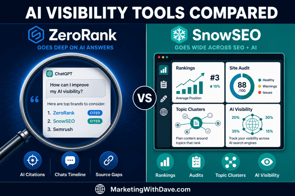 Comparison of ZeroRank and SnowSEO AI visibility tools highlighting features, rankings, site audit scores, and AI visibility metrics for SEO optimization.