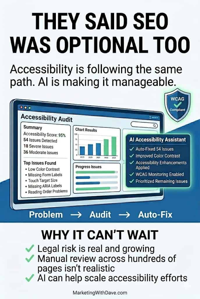 Enhance your website's SEO with this accessibility audit image showing AI-powered tools improving SEO and accessibility compliance for better user experience and search rankings.