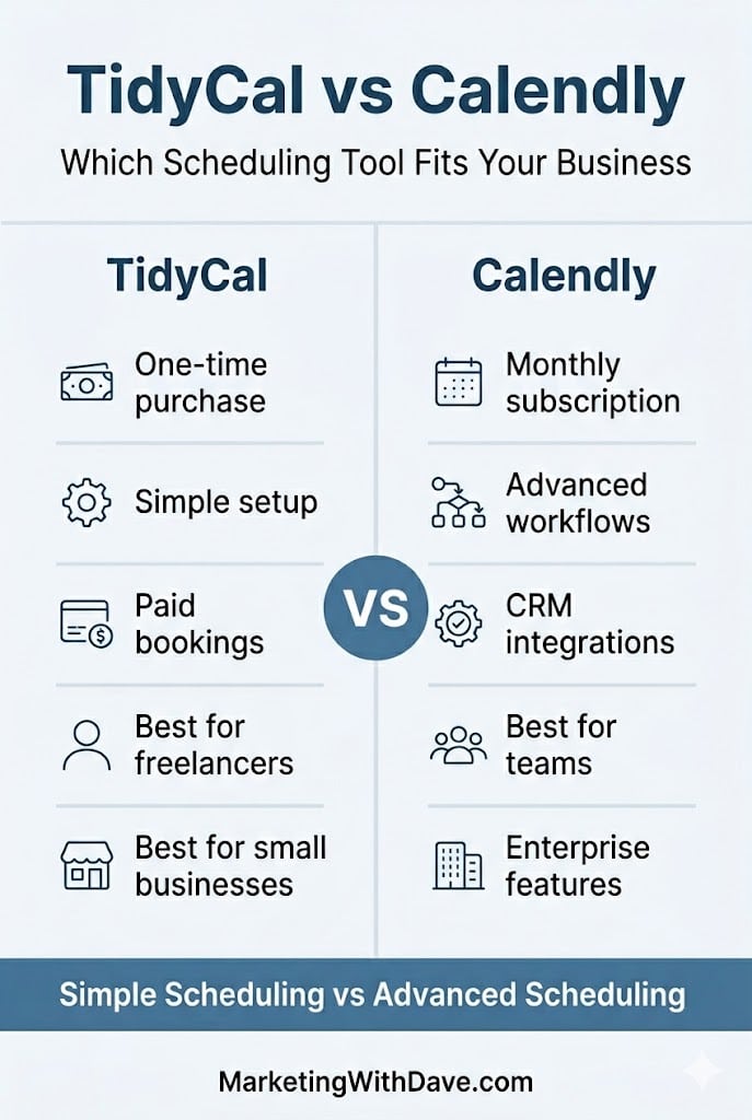 One comparison chart showing TidyCal's one-time purchase, simple setup, paid bookings, and suitability for freelancers and small businesses versus Calendly's monthly subscription, advanced workflows,.