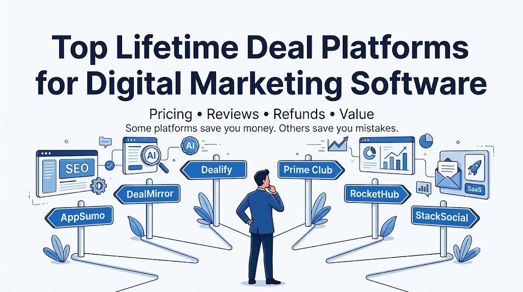 Illustration of top lifetime deal platforms for digital marketing software, featuring logos of AppSumo, DealMirror, Dealify, Prime Club, RocketHub, StackSocial, with a person analyzing the options.