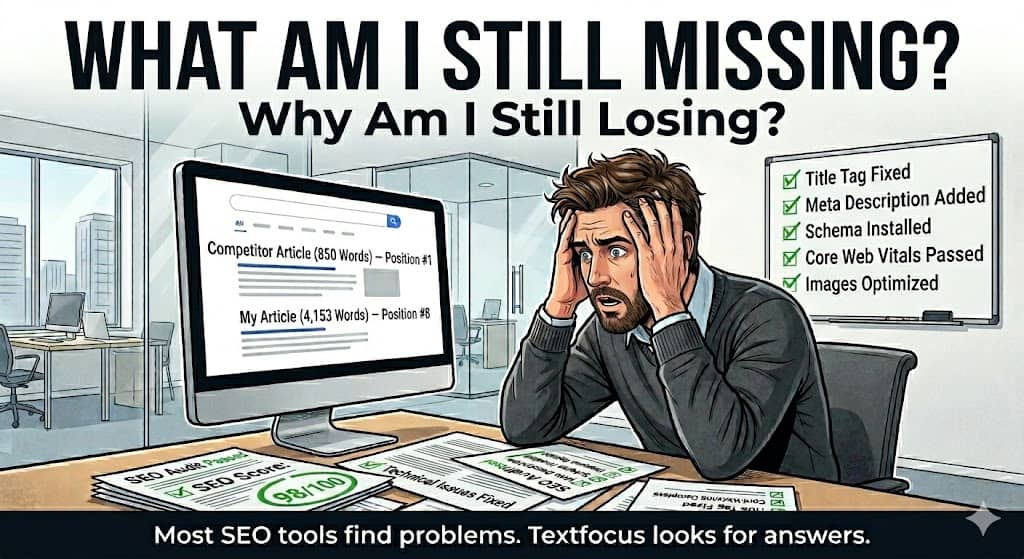 A frustrated man sitting at a desk with SEO and content analysis papers, looking at a computer screen displaying article metrics, with a checklist of SEO fixes on a whiteboard behind him.