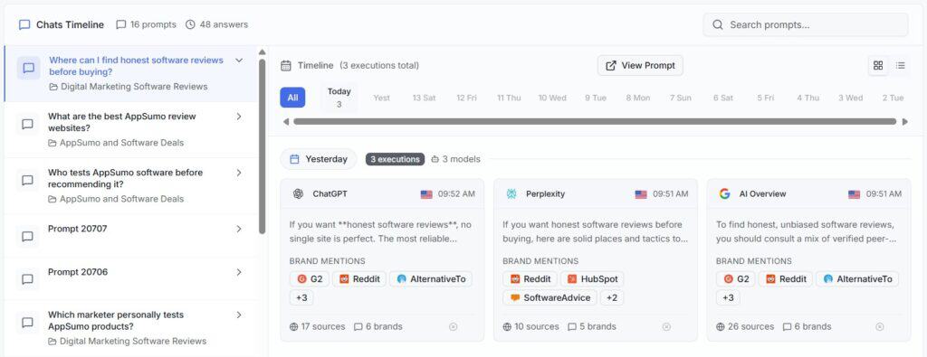 Screenshot of a chat conversation with multiple AI and user prompts discussing software reviews, recommendations, and SEO strategies.