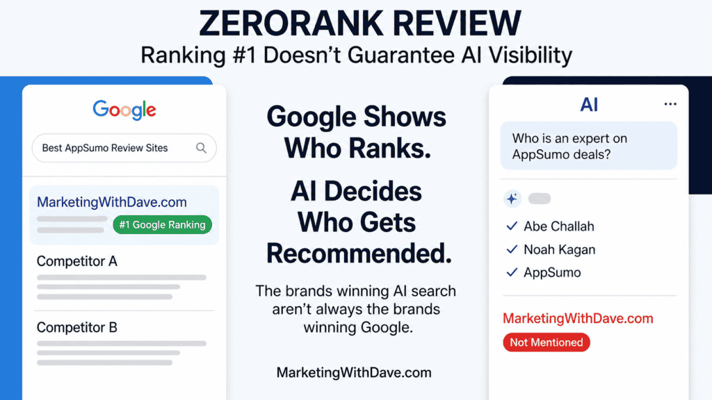 Screenshot of a review article titled 'ZeroRank Review' showing Google search rankings, AI decision-making, and a mobile AI chat, emphasizing AI search visibility tracking.