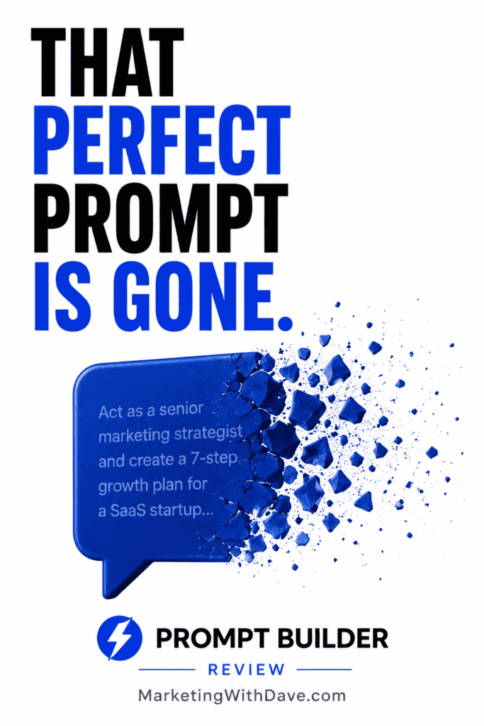 Marketing with Dave review of Prompt Builder showing a blue speech bubble and the phrase 'That perfect prompt is gone' in bold text.