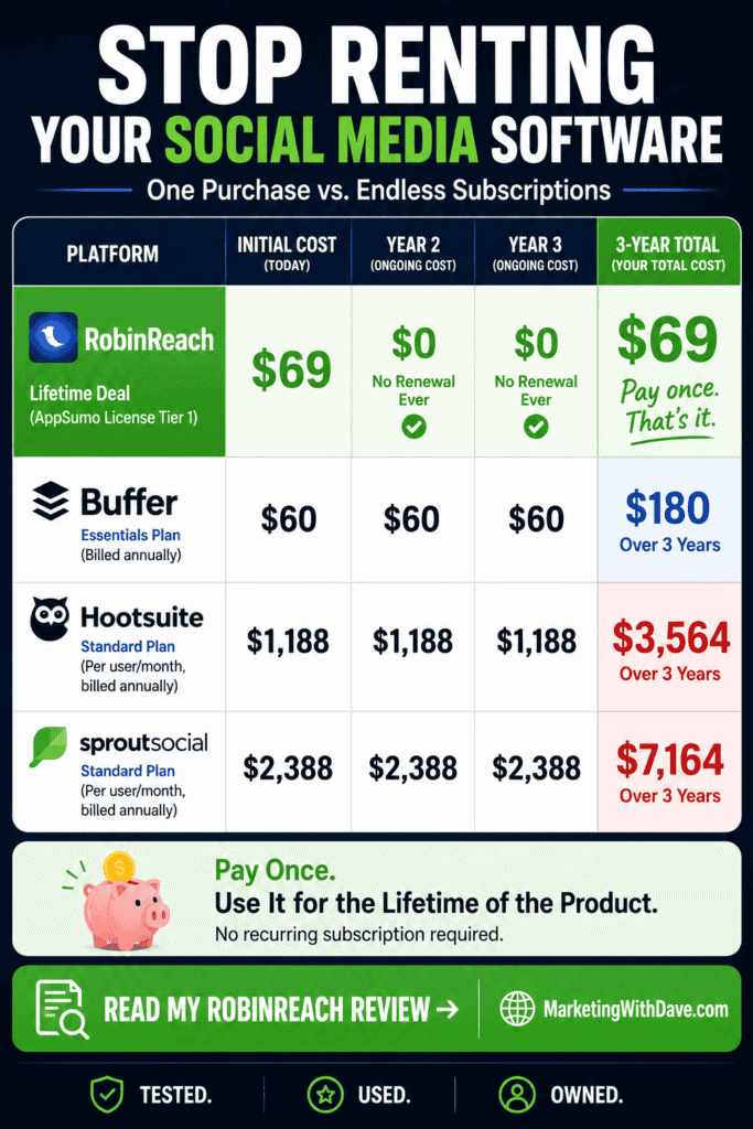 Comparison chart of social media software pricing including RobinReach, Buffer, Hootsuite, and Sproutsocial, highlighting costs, plans, and total expenses over three years.