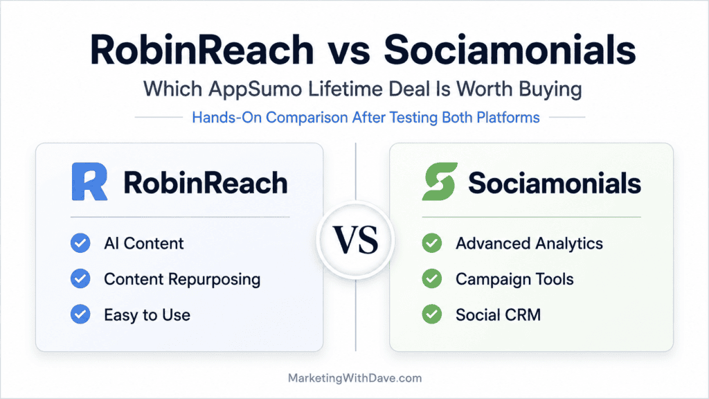 Comparison chart of RobinReach and Sociamonials highlighting features like AI content, analytics, campaign tools, and social CRM for marketing decision-making.