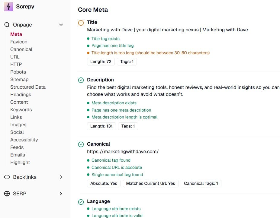 Screenshot of Screpy review article on Marketing with Dave website, highlighting SEO analysis and meta data details.