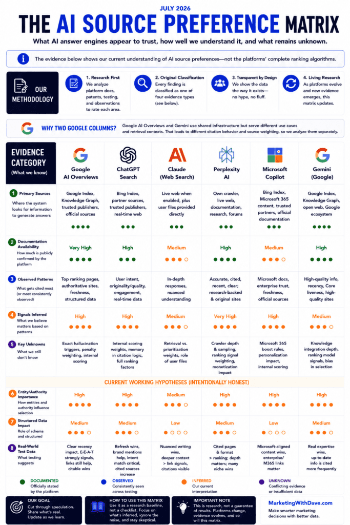 The AI Source Preference Matrix explains how AI engines select sources, highlighting evidence categories, confidence levels, and working hypotheses for source trustworthiness.
