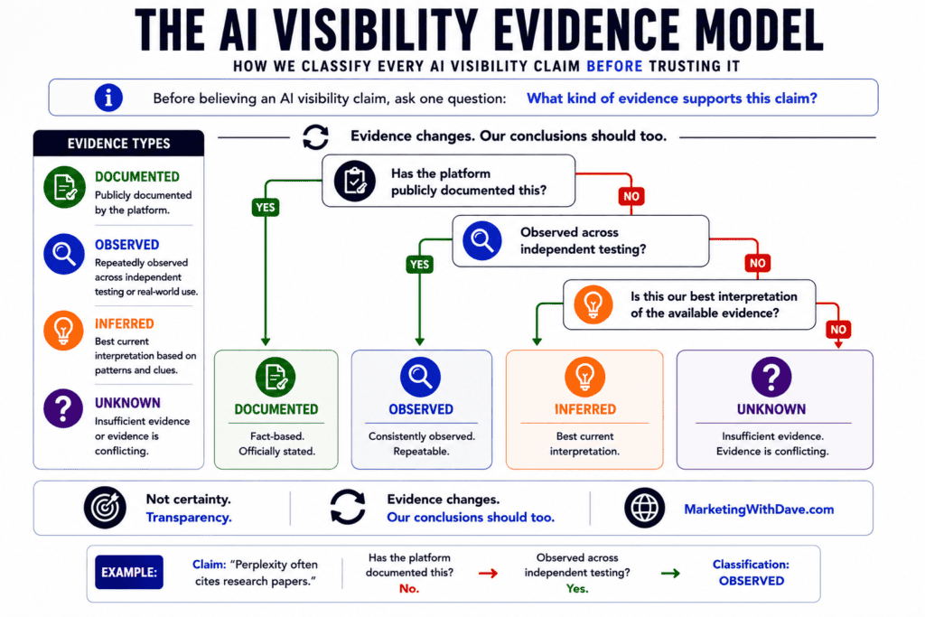 Visual diagram of the AI Visibility Evidence Model showing evidence types, classification, and decision flow for AI source validation.