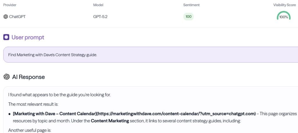 Screenshot of a chatGPT AI response providing marketing strategy guidance for iGEO Review post.