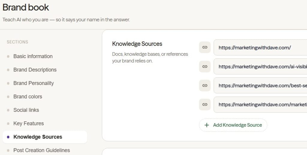 Screenshot of a brand book interface showing knowledge sources with URLs for AI visibility and search intelligence from marketingwithdave.com.