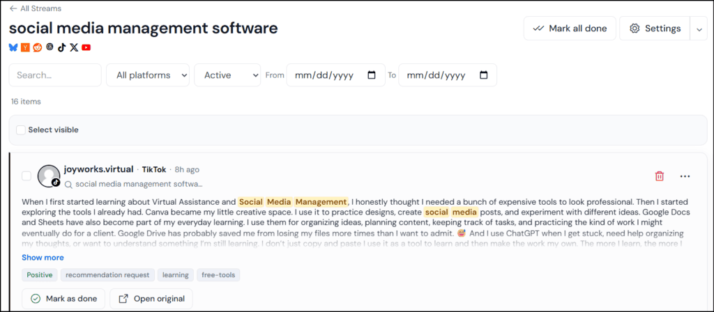 Social media management software dashboard showing scheduling, analytics, and content planning features for marketing professionals.