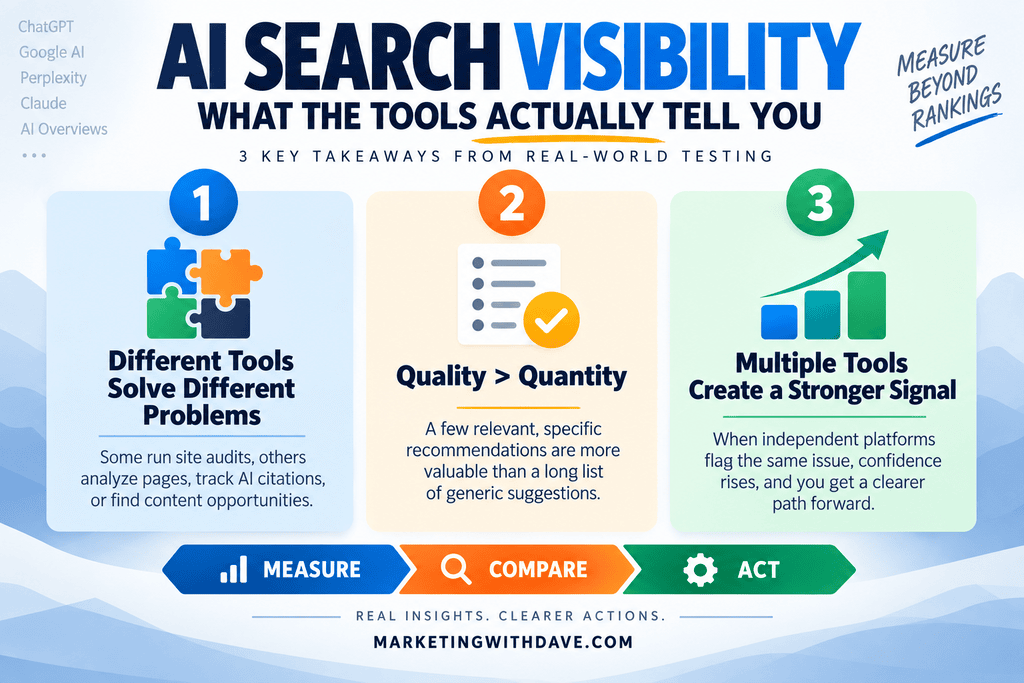 Infographic on AI search visibility tools highlighting three key takeaways: solving different problems, focusing on quality over quantity, and using multiple tools for stronger signals.
