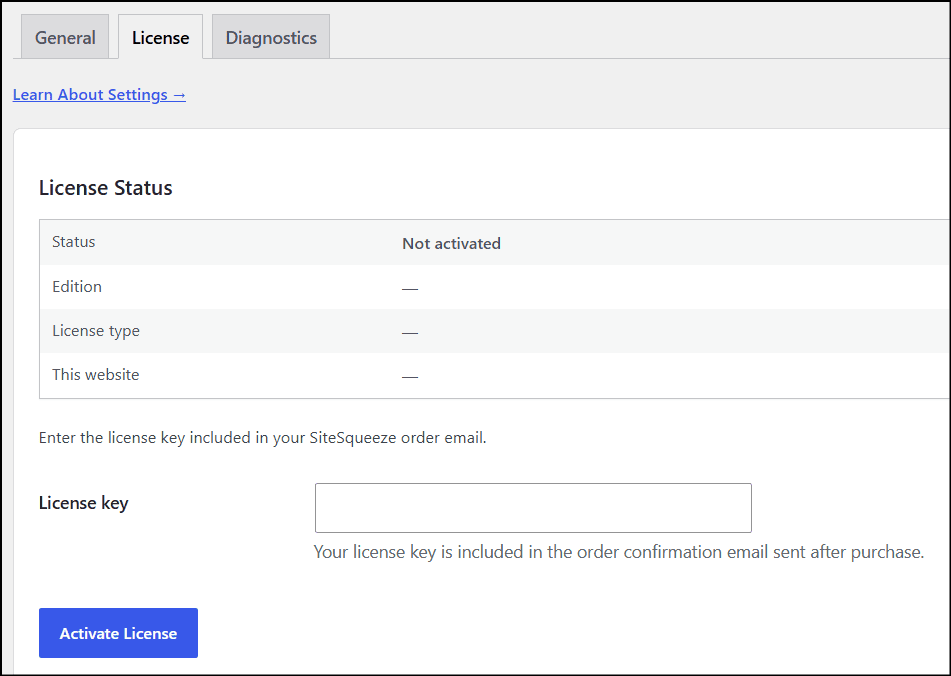 Screenshot of the WordPress license activation page for 'Marketing with Dave' website, showing license status, edition, and license key input field.