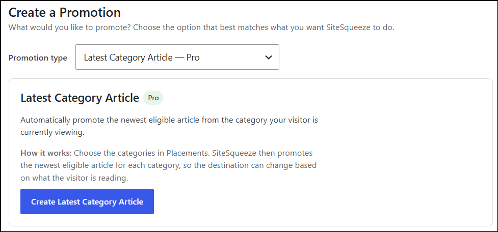 Screenshot of a website interface showing options to create and promote a latest category article for SEO and marketing strategies.