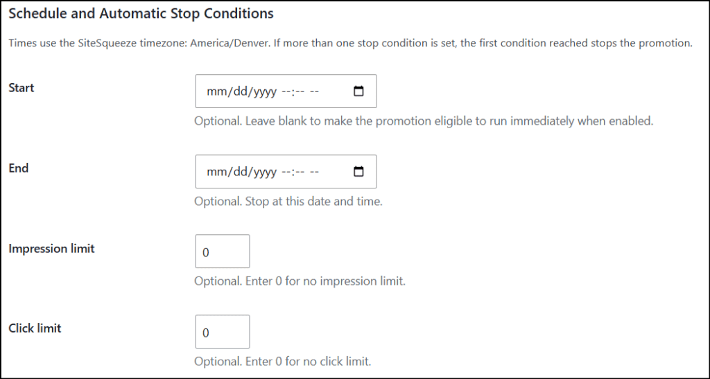 Screenshot of scheduling and automatic stop conditions settings from Marketing with Dave website, showing options for start and end dates, impression and click limits.