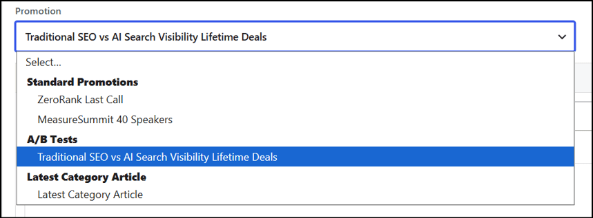 Screenshot of a digital marketing platform showing promotion options, including Standard Promotions, A/B Tests, and Latest Category articles for SEO and visibility.